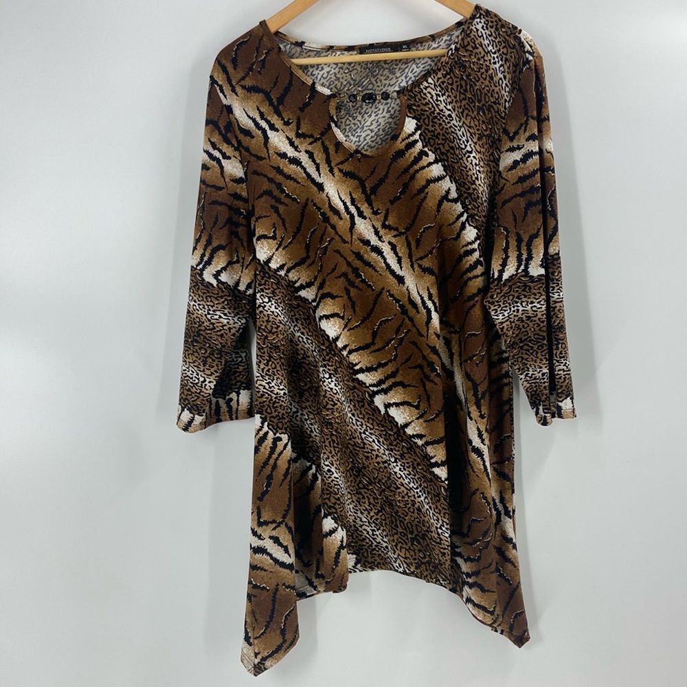 Animal print brown black cream three-quarter sleeve tunic top womens beaded